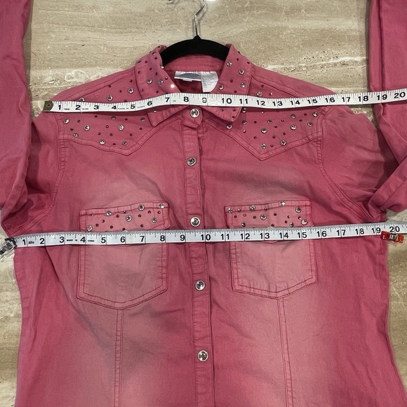 DG2 Diane Gilman Distressed Pink Rhinestone Denim Shirt‎ Light Jacket M Cowgirl - Picture 5 of 10